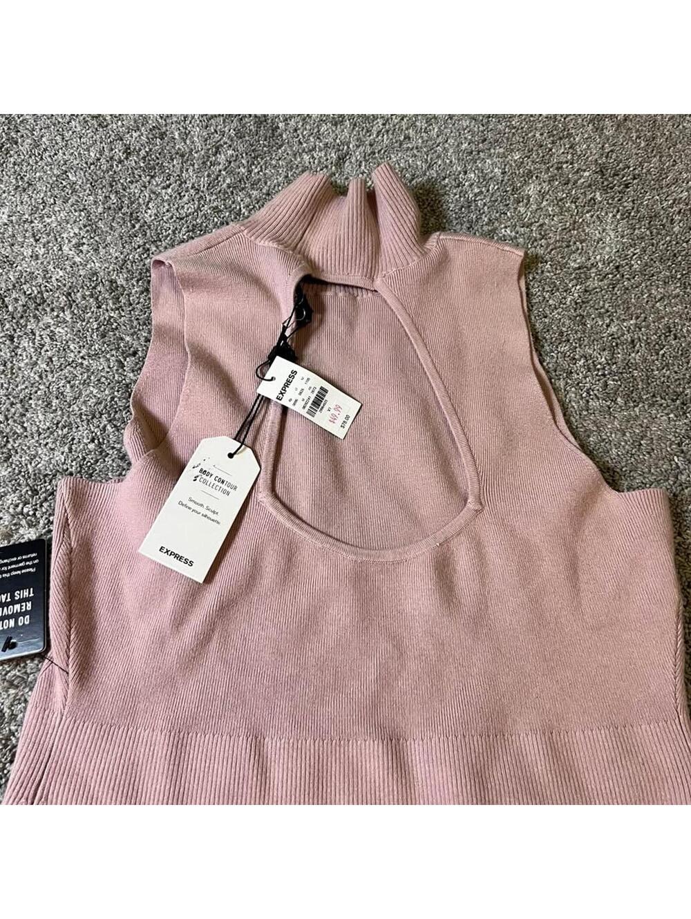 Express Women's Ribbed High Neck Cutout Back Sleeveless Bodysuit Pink sz XS NWT - Picture 4 of 6